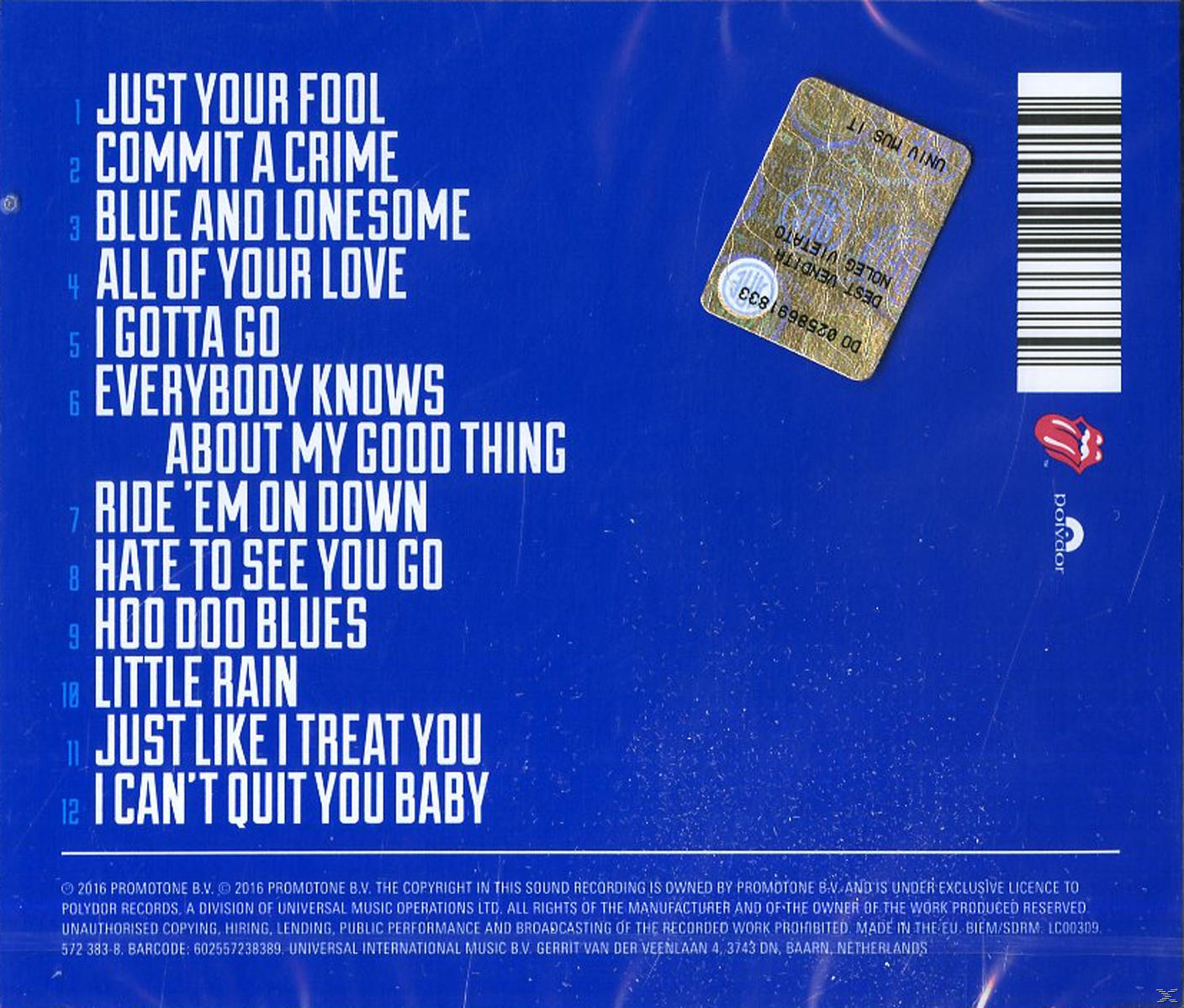 Pochette arrière de l'album Blue and Lonesome avec les titres des chansons et du texte.