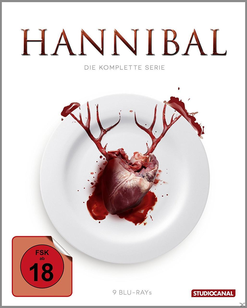Hannibal DVD-Cover. Ein Herz mit Geweih auf einem Teller mit Blutspritzern. Text oben. FSK ab 18 Label.