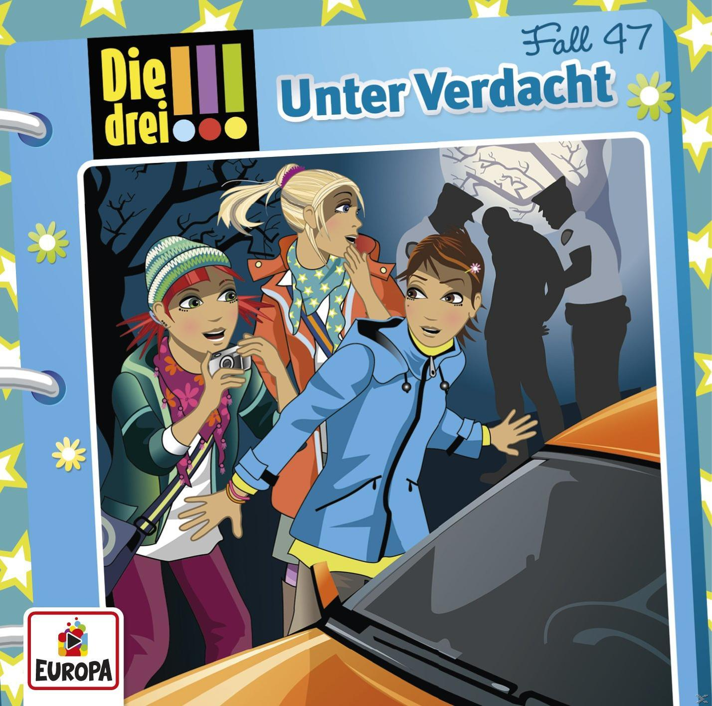 Die drei ??? Unter Verdacht Buchcover. Drei Mädchen und Polizei-Silhouetten.