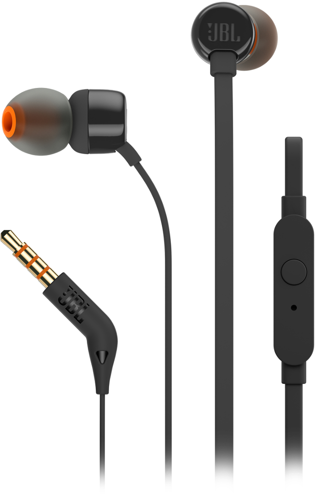 Écouteurs JBL. Noirs avec des accents orange et une prise jack dorée.