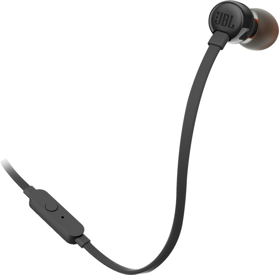 Écouteurs JBL noirs avec un seul écouteur intra-auriculaire. Une commande de volume est sur le cordon. Fond blanc.