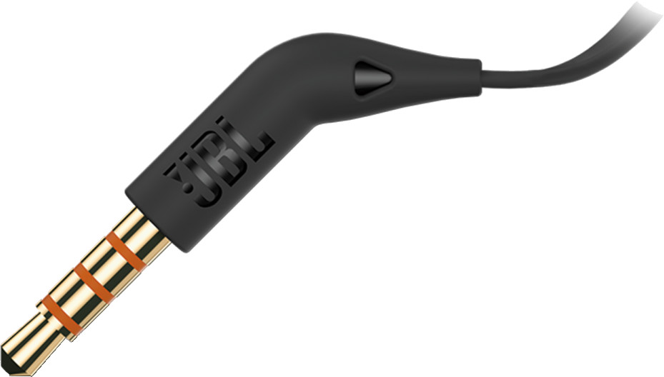 Connecteur de prise écouteur JBL noir avec contacts dorés et câble noir.