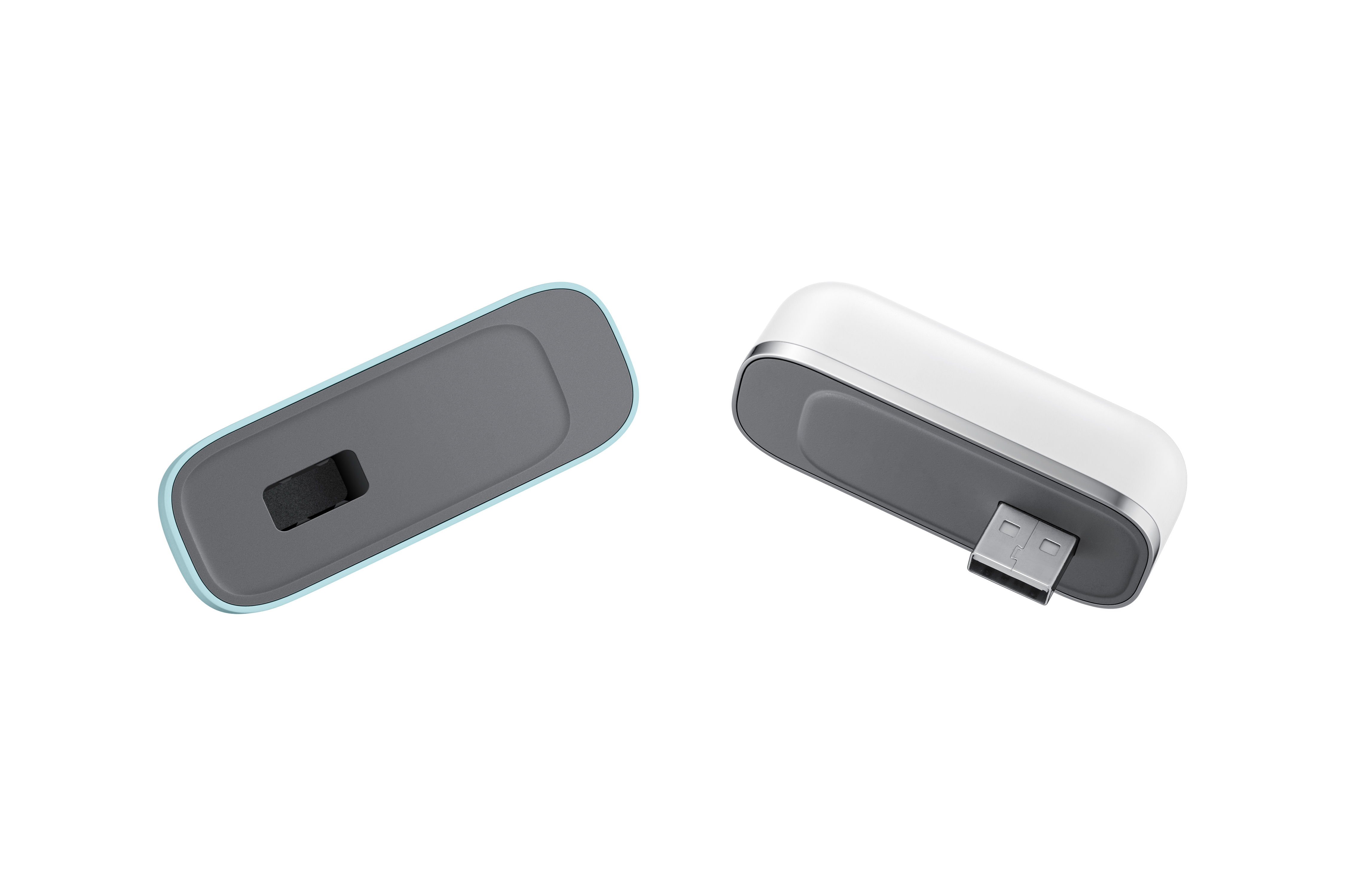 Zwei kleine, rechteckige USB-Geräte, eines grau-türkis, das andere weiß mit USB-Anschluss.