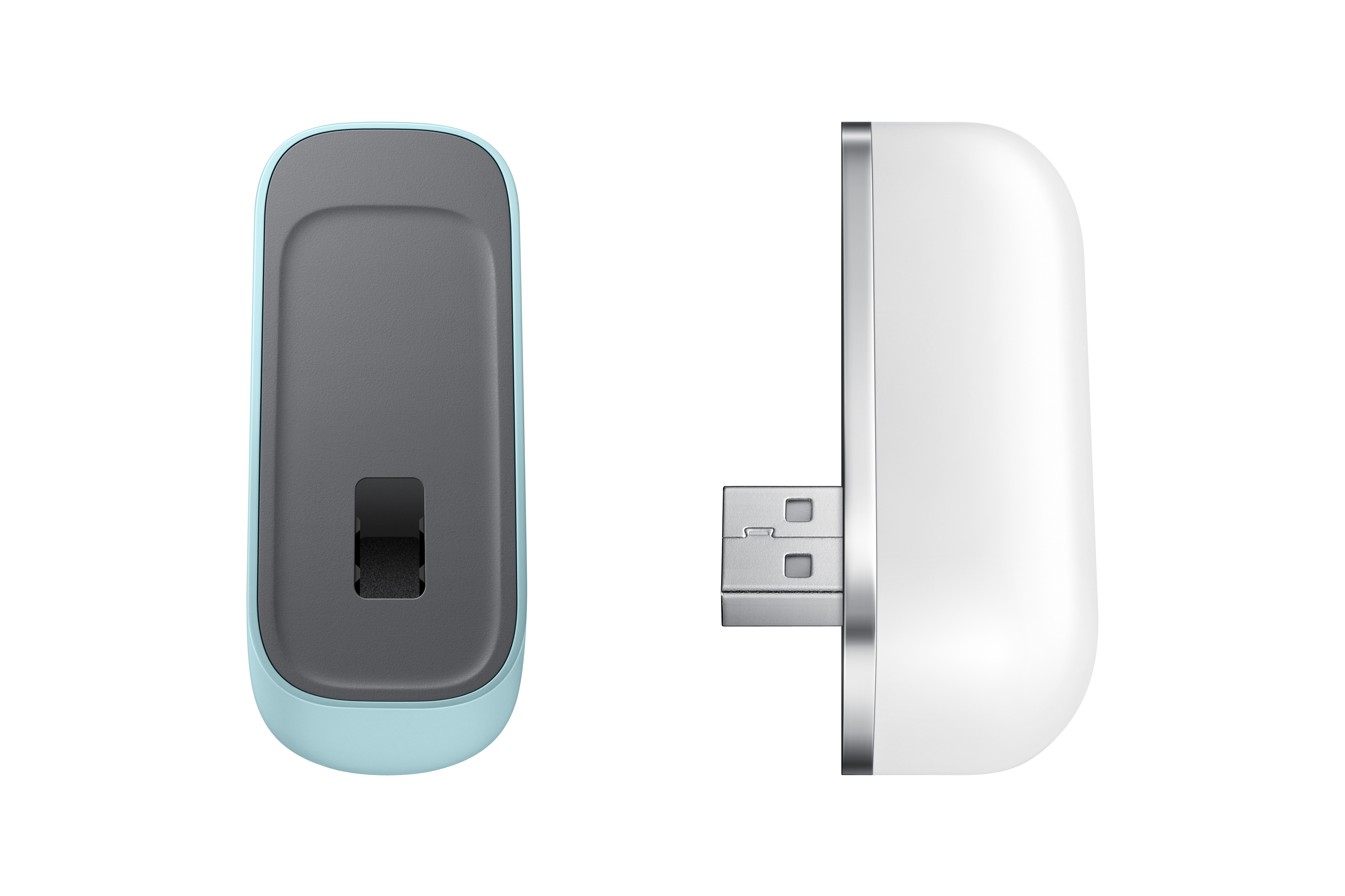 Ein kleines, weißes und türkisfarbenes USB-Gerät, Seitenansicht.