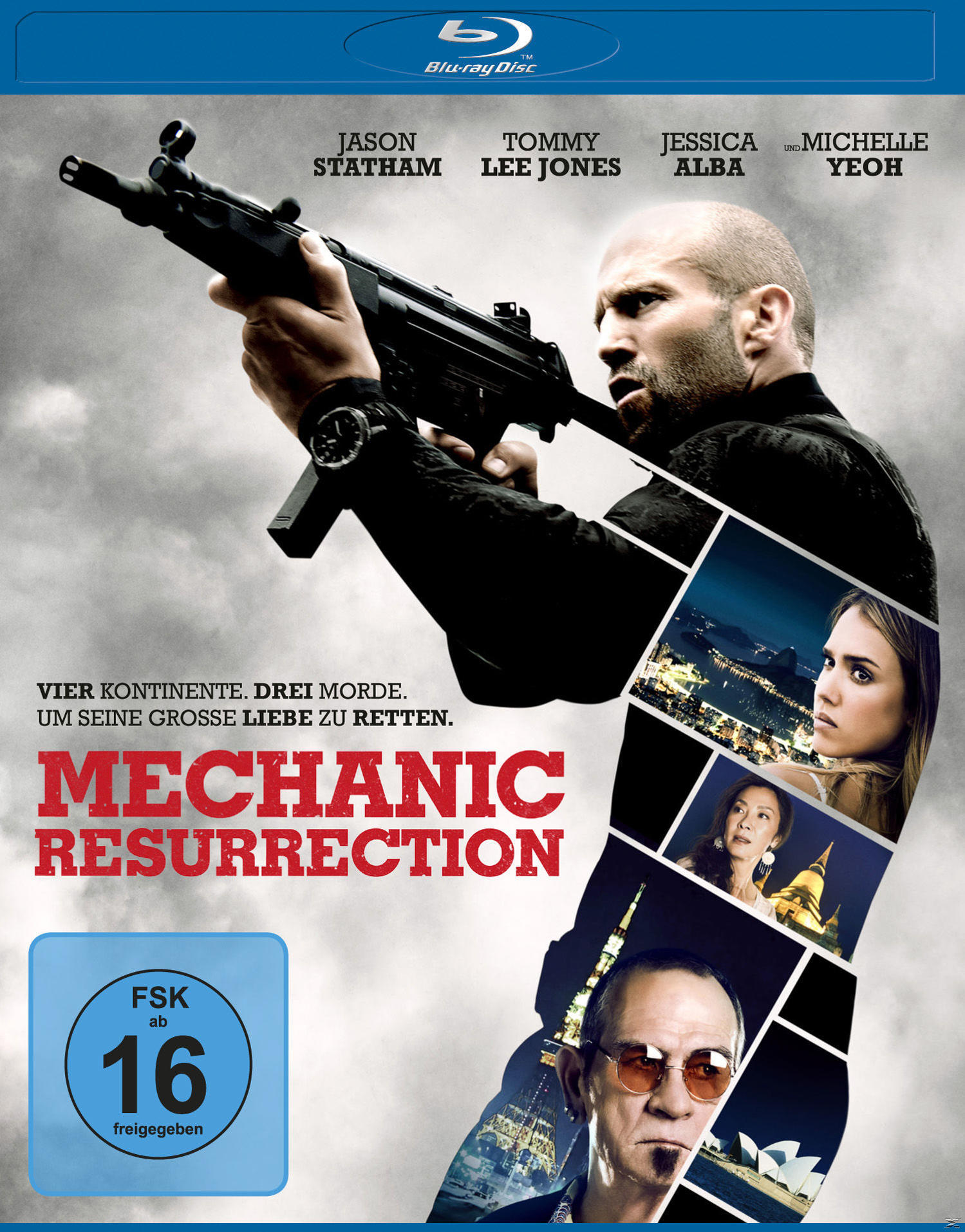 Mechanic: Resurrection Blu-ray Cover. Jason Statham mit Waffe, andere Bilder von Personen.