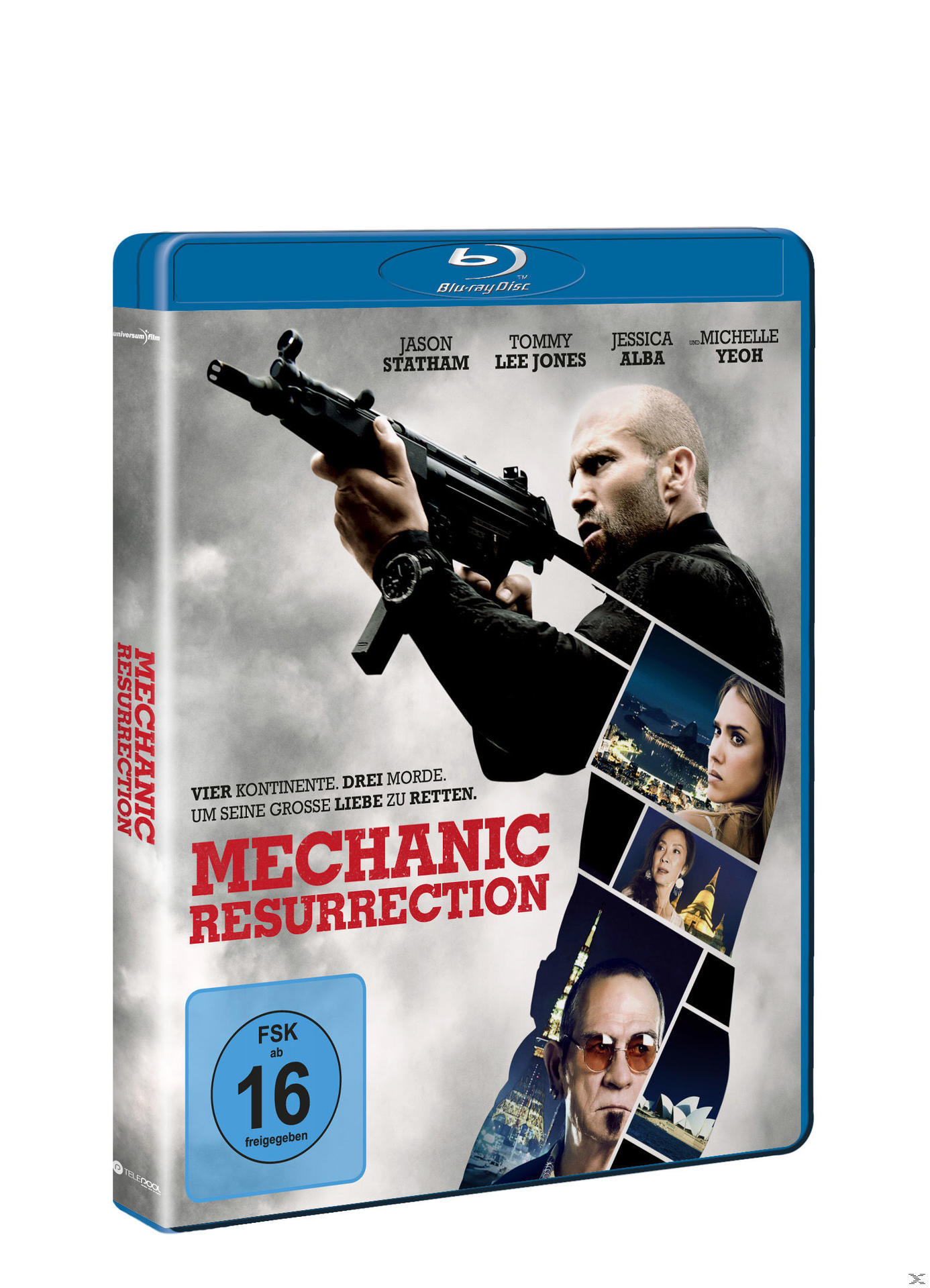 Blu-ray-Cover von Mechanic: Resurrection. Zeigt Jason Statham, Actionszene und Titel.