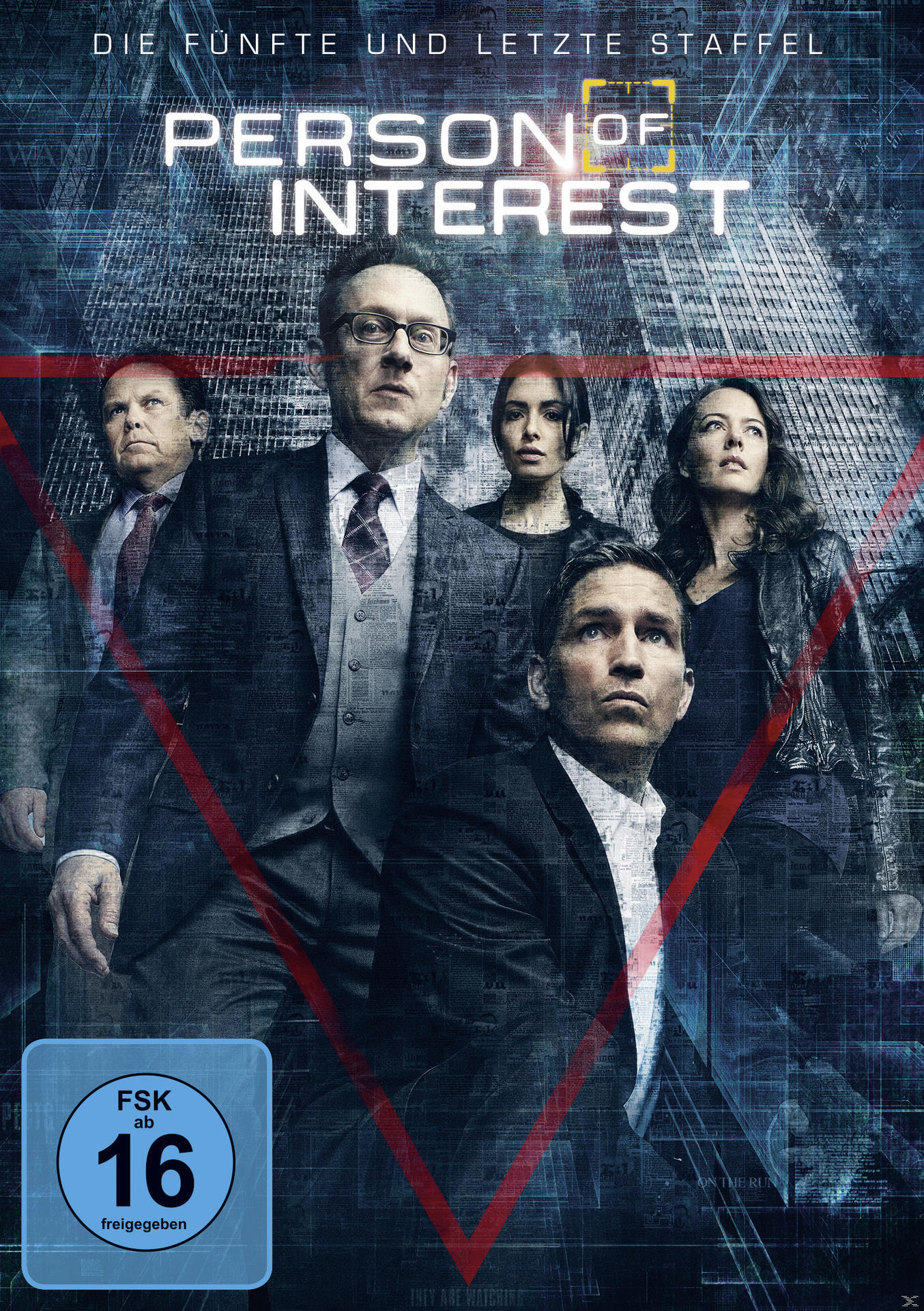 Poster des 'Person of Interest'-Casts: fünf Personen schauen in die Kamera, rote Linien vor einem Gebäudehintergrund.