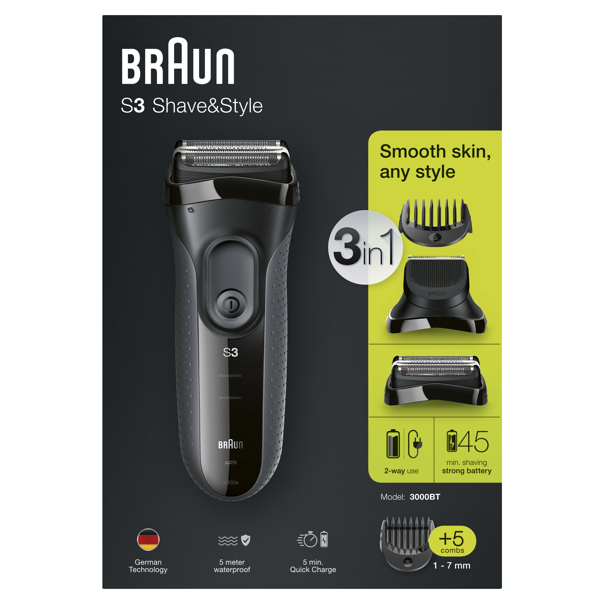 Braun S3 Shave&Style product. Zwart scheerapparaat, opzetstukken en tekst op een zwarte achtergrond.