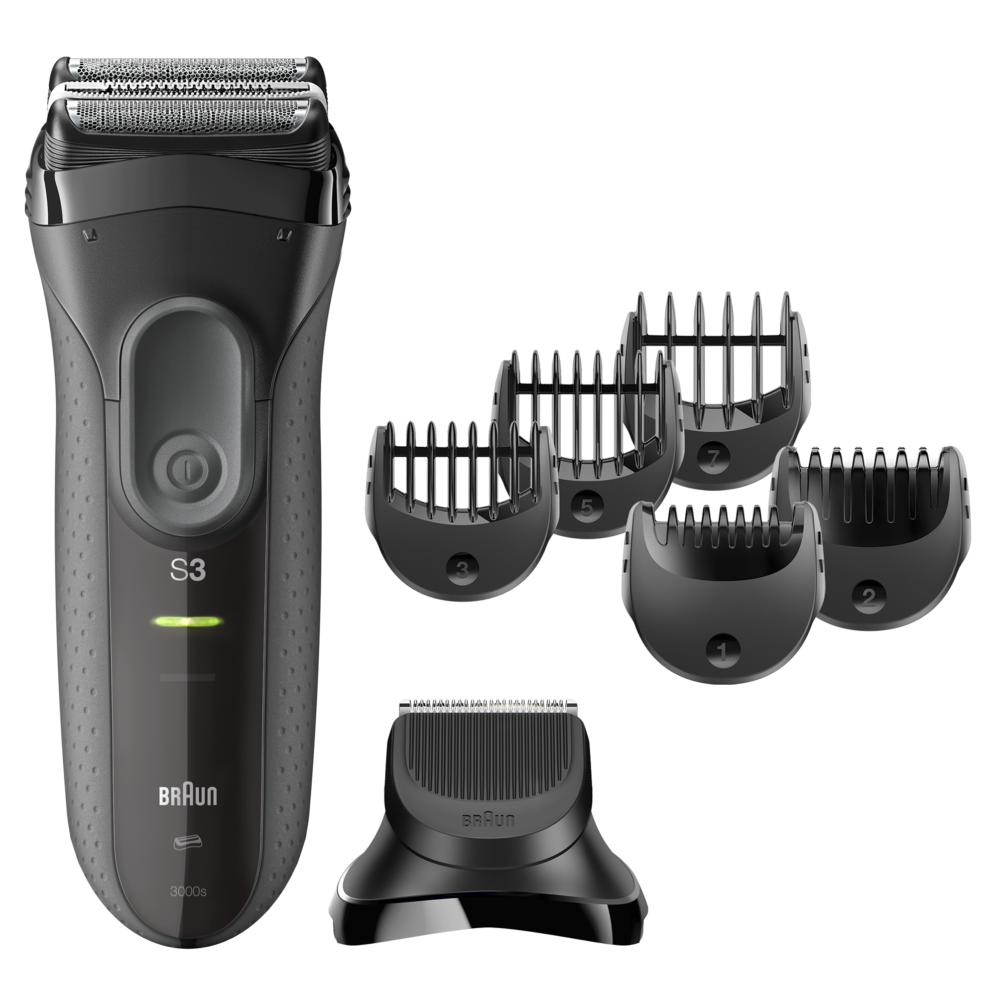 Zwart elektrisch scheerapparaat met meerdere trimmertips. Het merk Braun is zichtbaar.