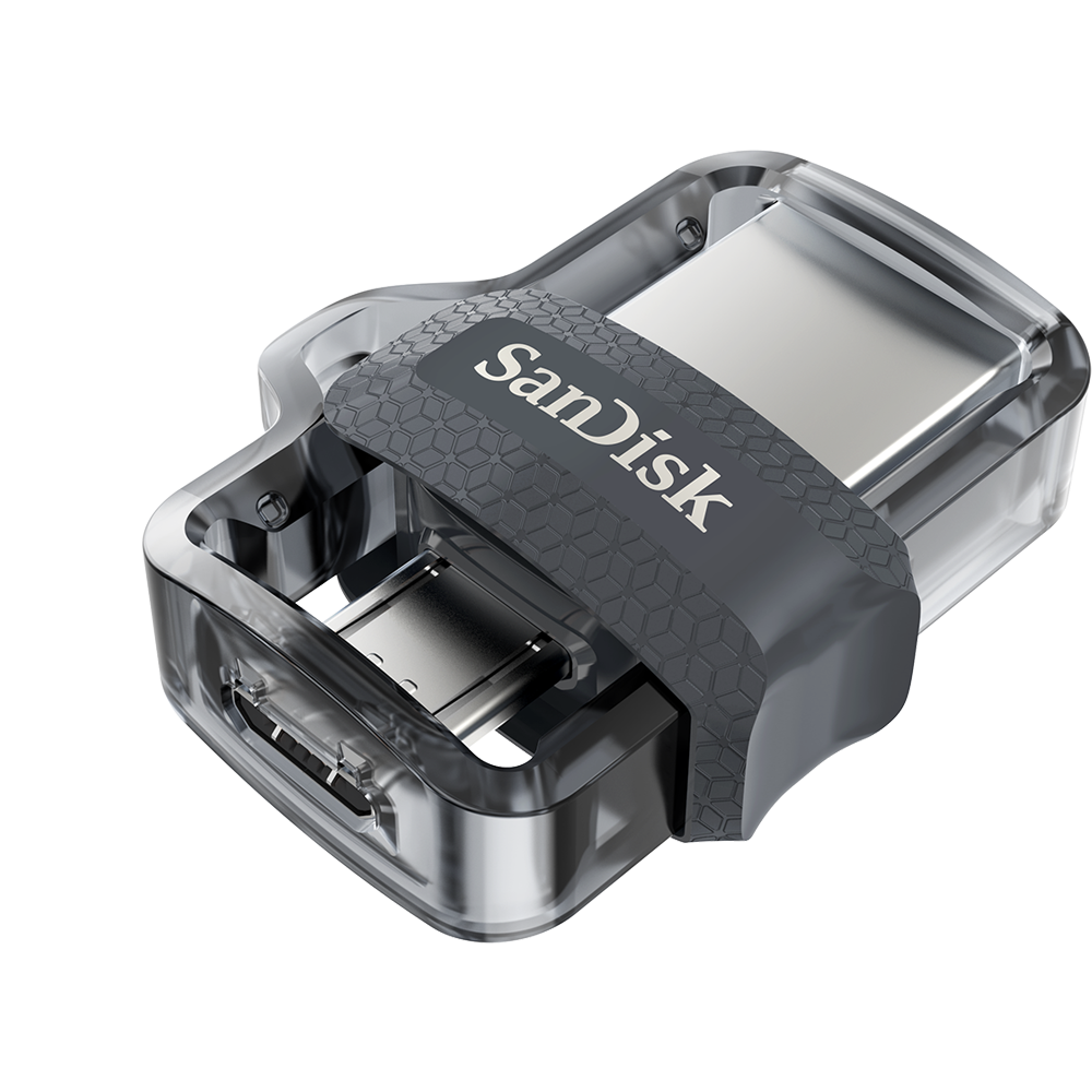 Siyah bir arka plan üzerinde şeffaf ve gri bir SanDisk çift sürücülü USB flash sürücü.