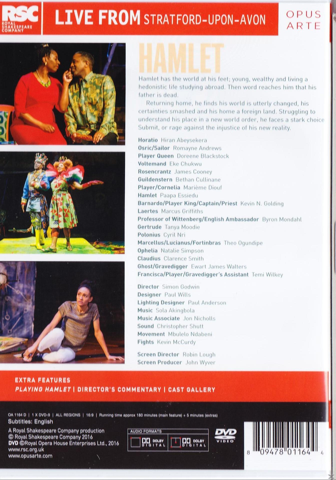DVD-Cover: Hamlet-Stück. Leute auf der Bühne, Text über das Stück und eine Liste der Schauspieler.