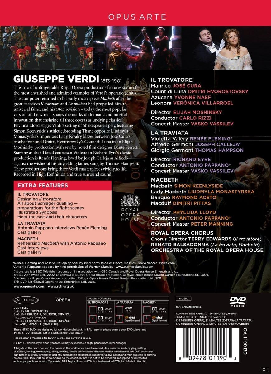 DVD-Cover mit Text und einer Liste von Operndetails. Der Hintergrund ist dunkel.