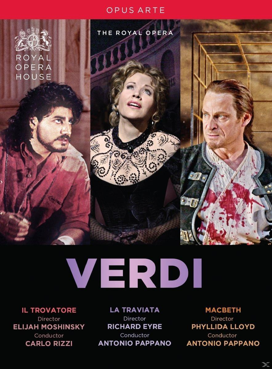 Verdi Opernplakat mit drei Porträts und Text.