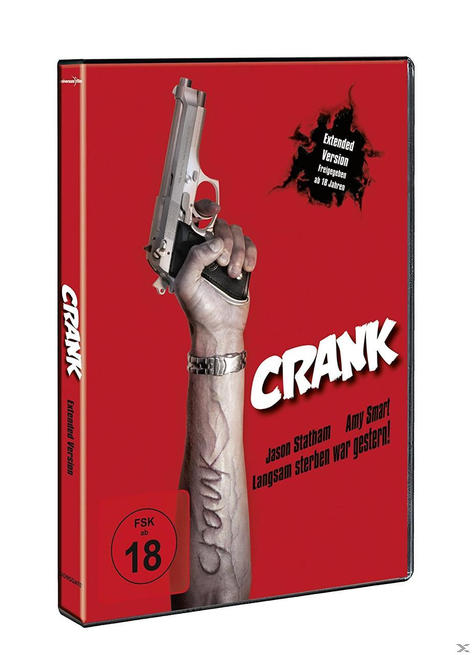 DVD-Cover für den Film Crank. Es zeigt eine Hand, die eine Waffe hält, und einen roten Hintergrund.