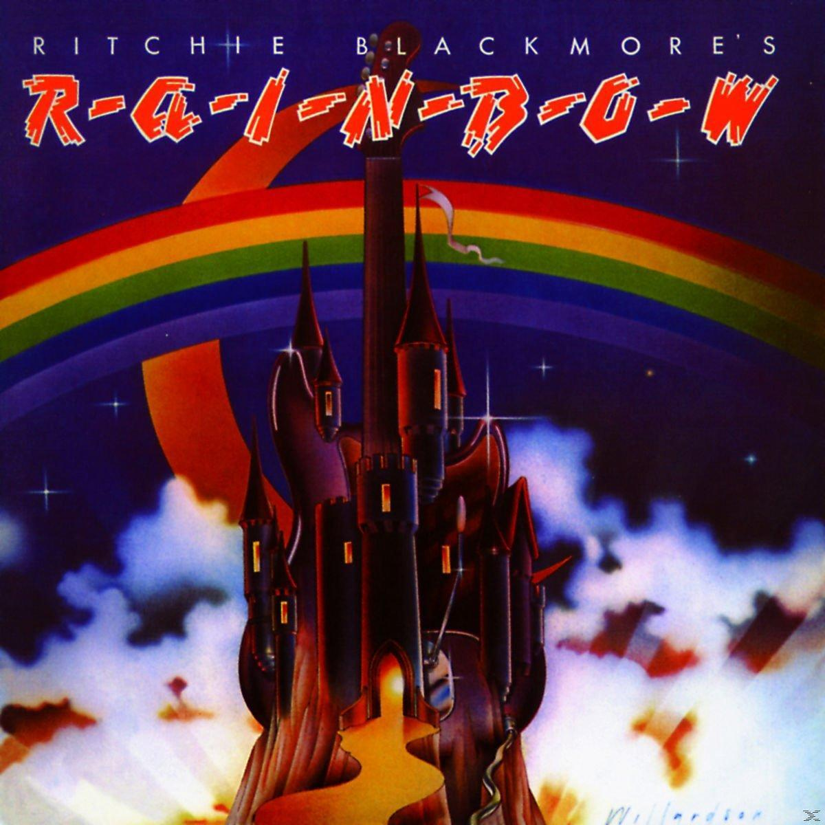 Ritchie Blackmore's Rainbow Albumcover. Eine gitarrenförmige Burg mit Regenbogen und sternenklarem Nachthimmel.