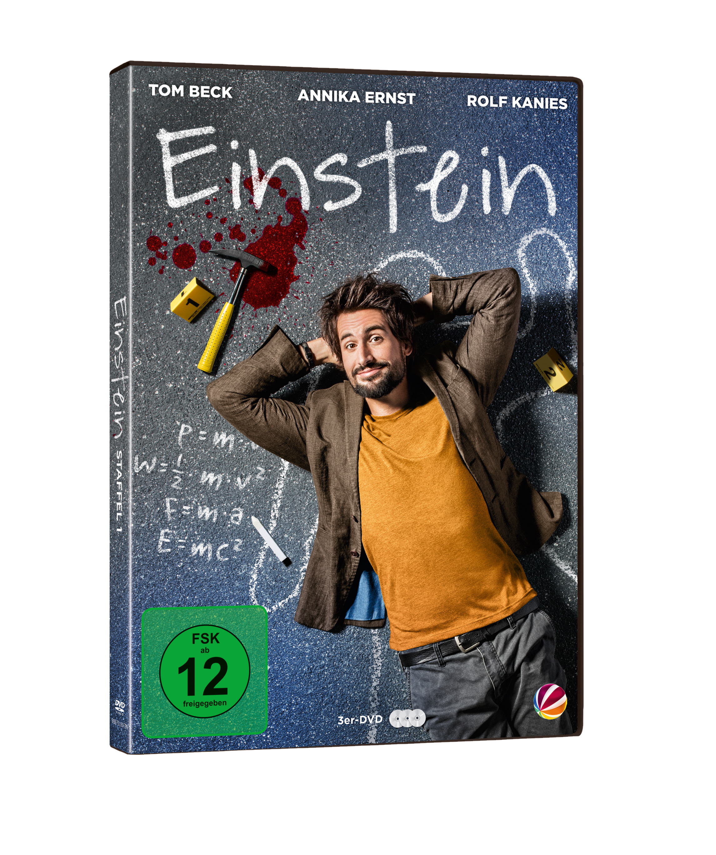 DVD-Hülle von Einstein mit dem Schauspieler, der auf einer Tafel liegt. Die Hülle hat einen grünen FSK 12-Aufkleber.