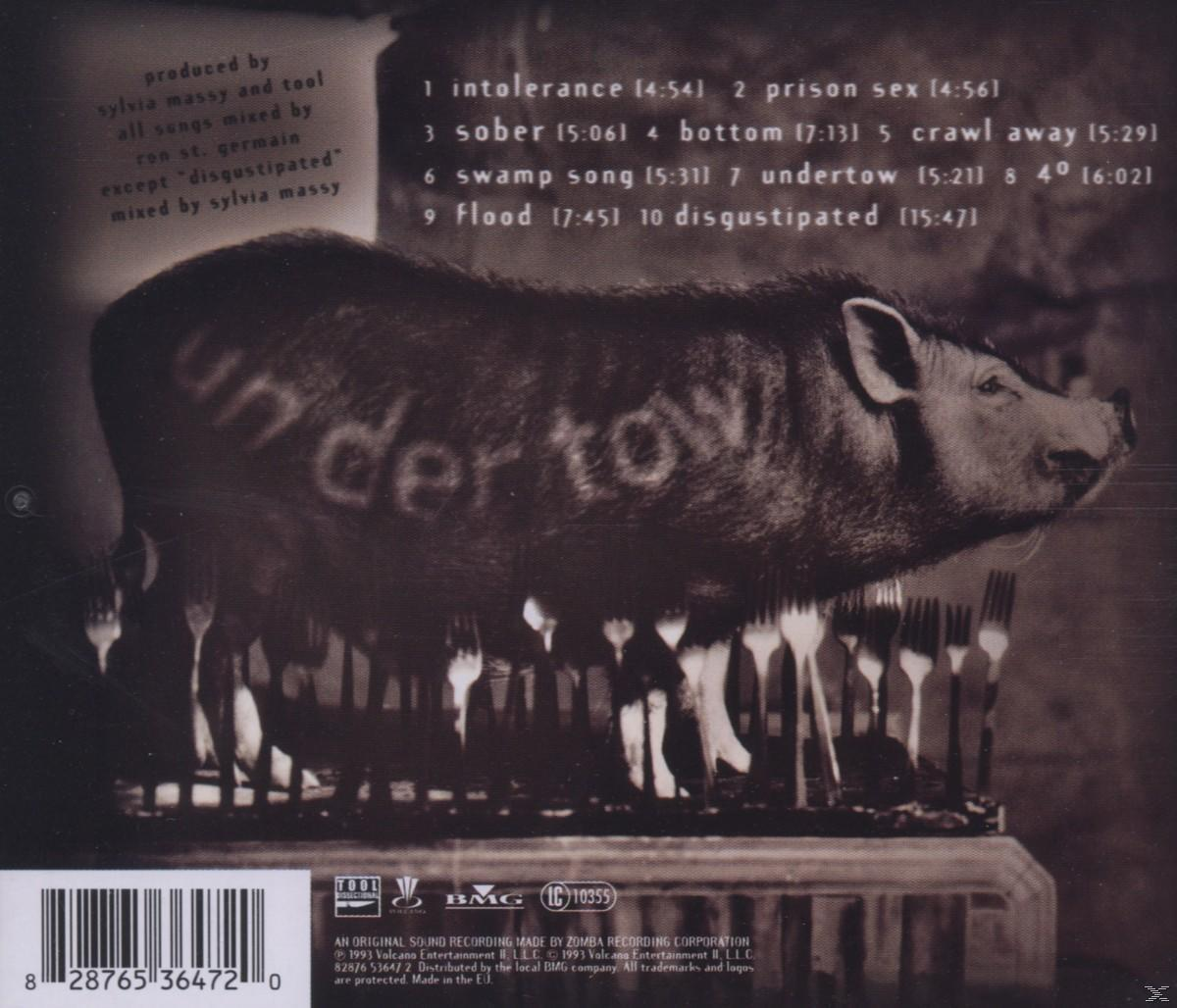 Tool-Albumcover: Undertow, ein Schwein mit Gabeln. Schwarz-Weiß, mit Text unten.