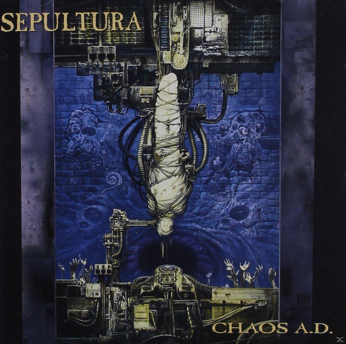 Albumcover: 'Chaos A.D.' von Sepultura, mit einer Grafik einer gefesselten Figur und Maschinen.