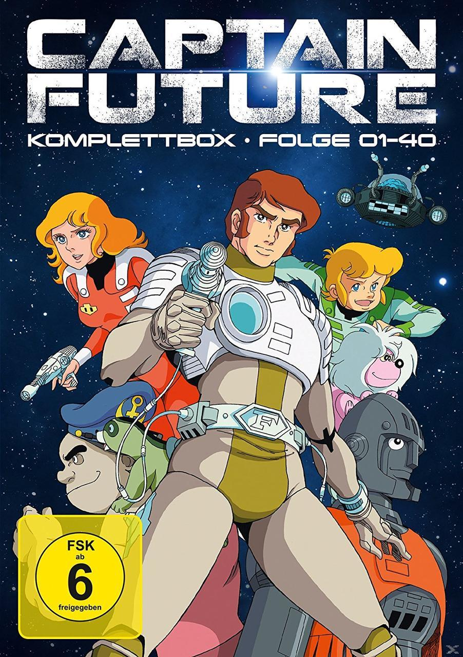 Animiertes DVD-Cover: 'Captain Future' mit Charakteren in Raumanzügen, Weltraumhintergrund, Bewertung '6'.
