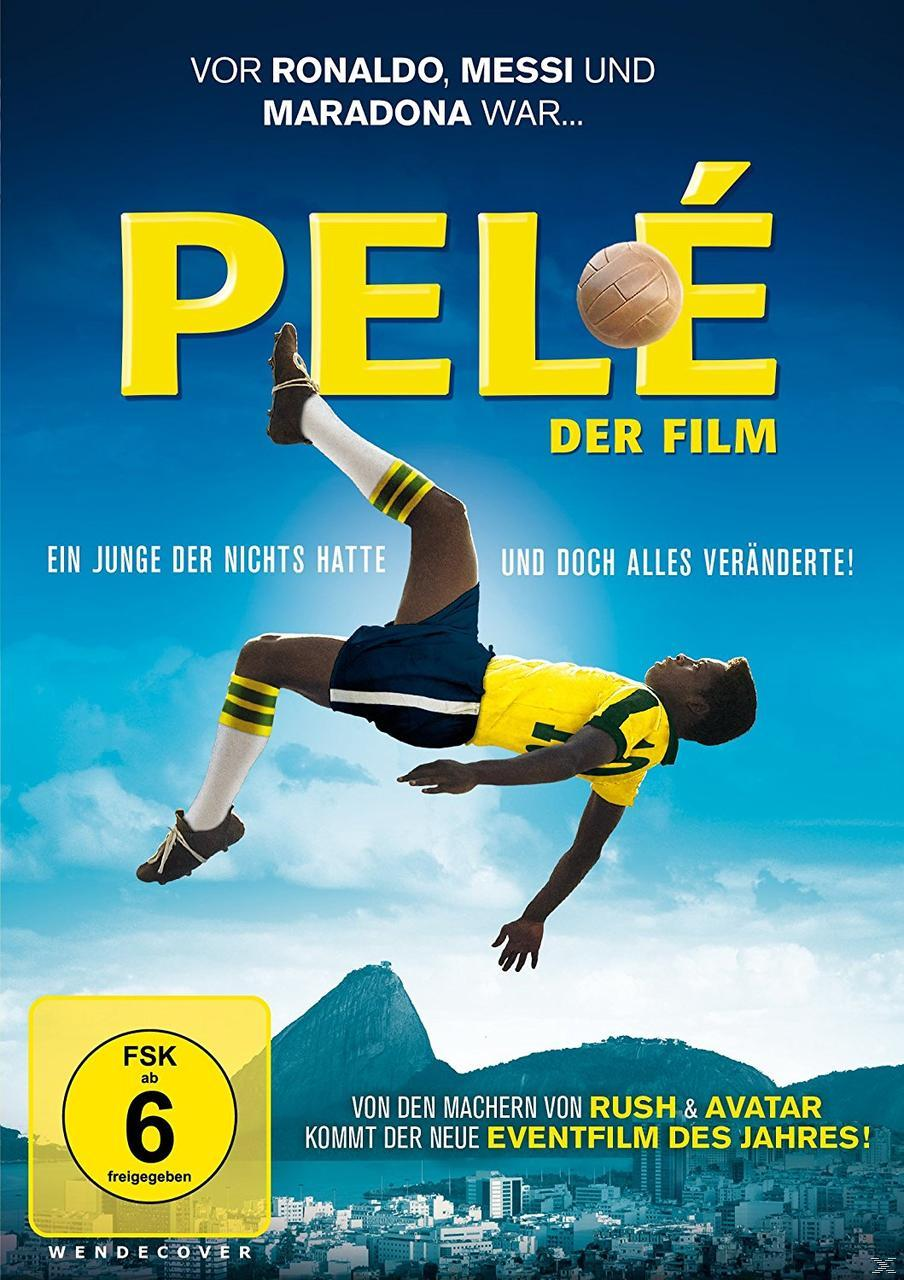 Pele-Filmplakat. Zeigt Pelé in der Luft mit einem Fußball. Blauer Hintergrund.