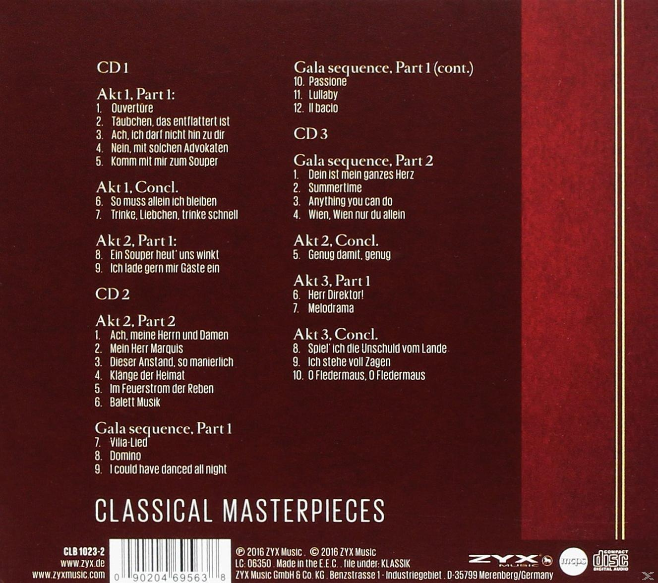 CD-Cover mit Titelliste. Rote und goldene Töne. Text listet Titel und CD-Infos. Klassische Musik.