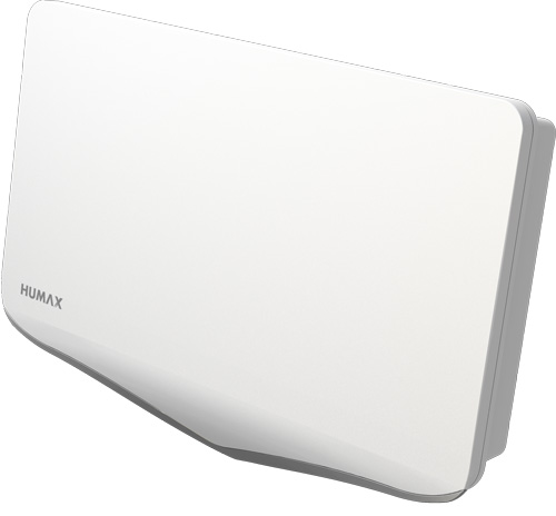 Eine weiße, rechteckige Humax-Antenne mit dem Humax-Logo.