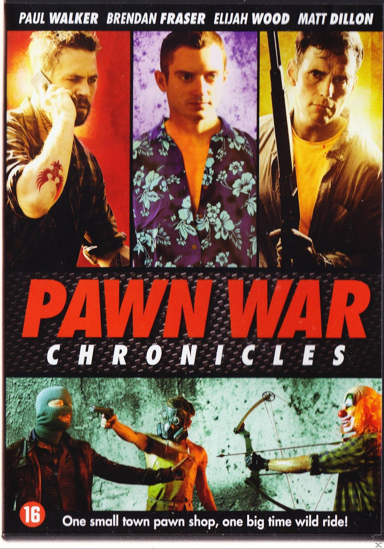Filmposter met drie mannen. Het is een 'Pawn War Chronicles' film.
