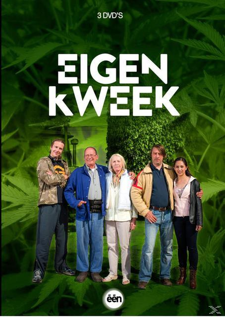 Couverture d'EIGEN KWEEK, une série télévisée, avec un groupe de cinq personnes devant un fond vert.