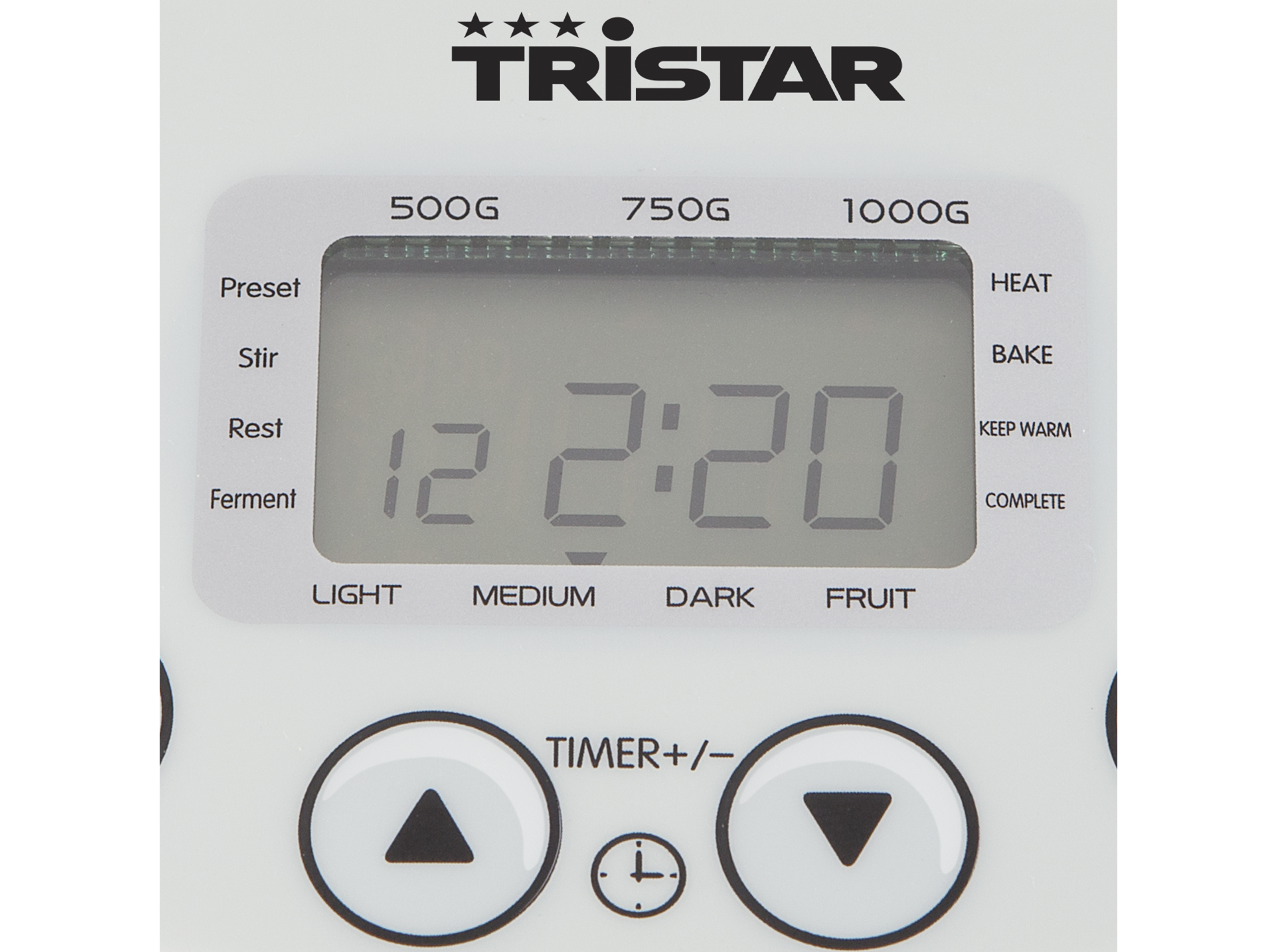 Wit Tristar broodmachine bedieningspaneel met digitale timer en functieknoppen.