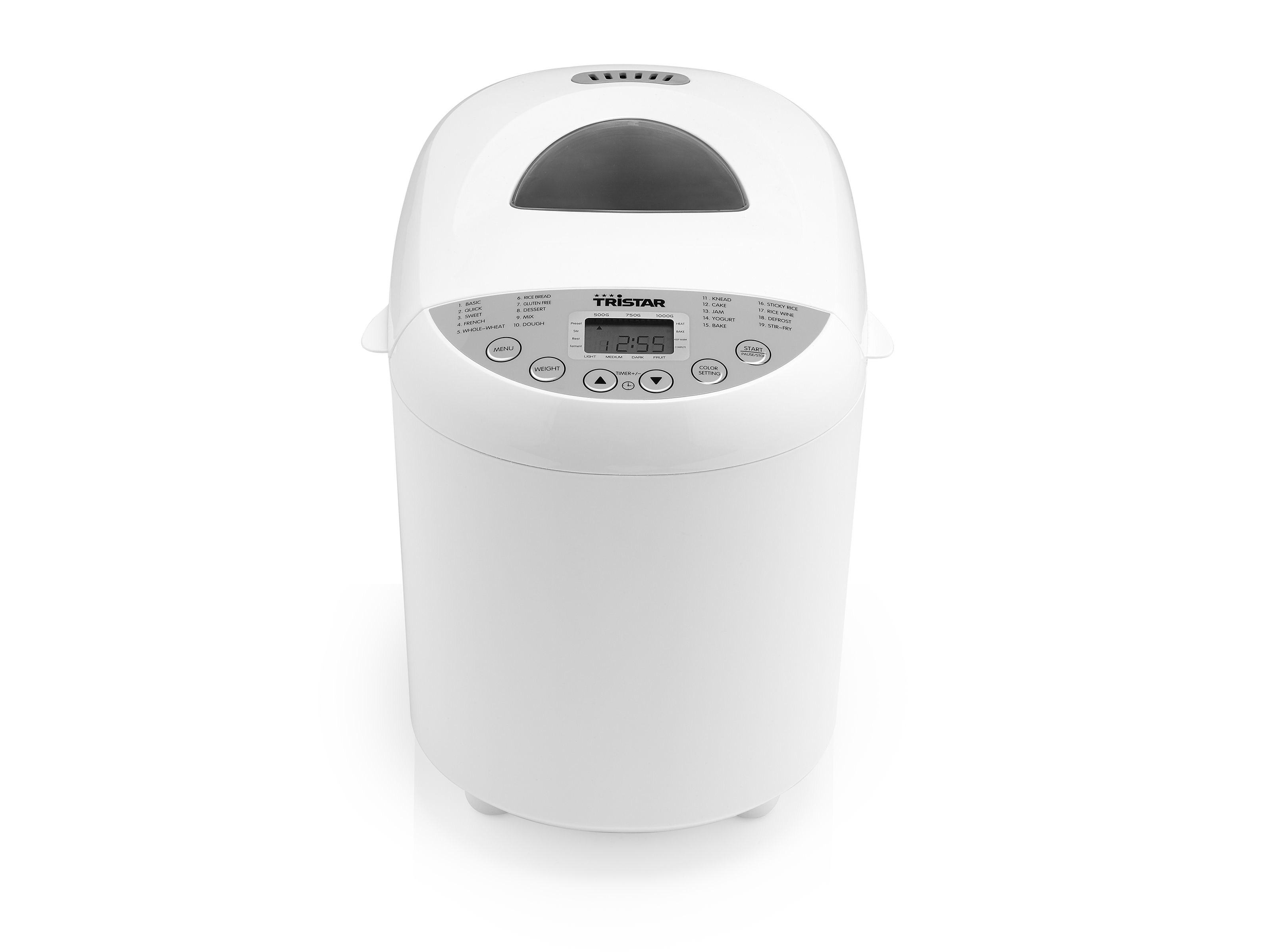 Een witte broodbakmachine met een digitaal display en bedieningsknoppen op een wit oppervlak.
