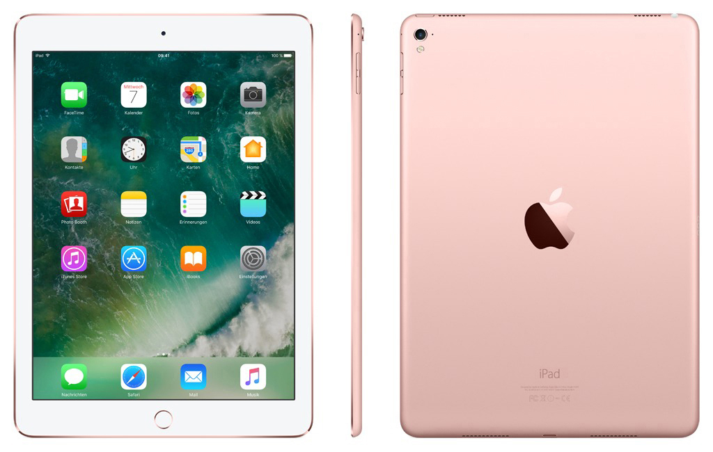 Roségoldenes iPad. Vorder- und Rückansicht. Der Bildschirm zeigt App-Symbole an. Seitenansicht zeigt die Dicke.