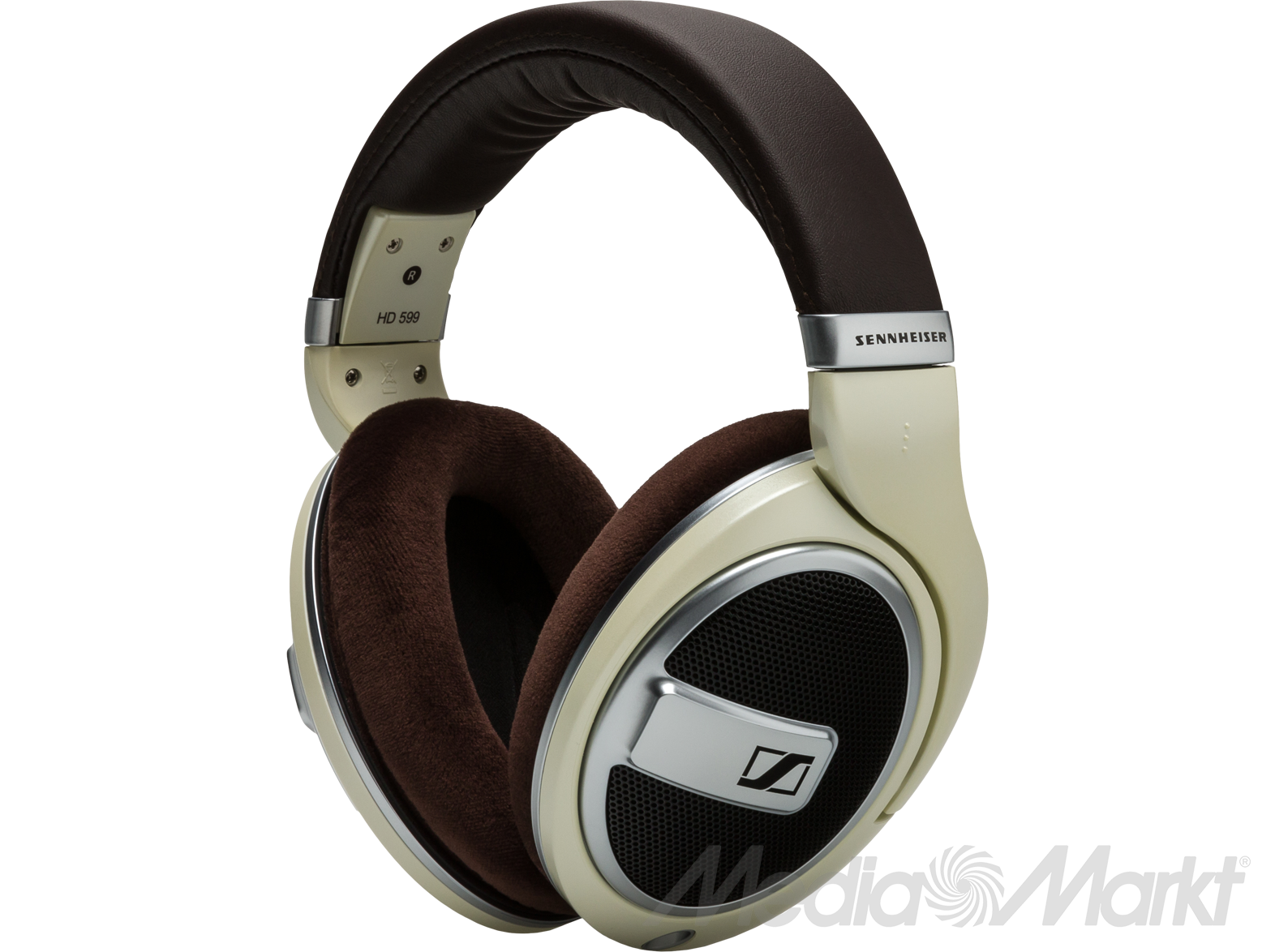 Krémszínű és barna Sennheiser fejhallgató. Sennheiser logó látható. 'HD 599' felirat látható.