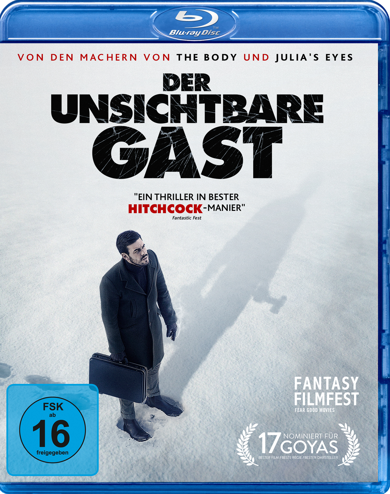 Filmcover 'Der Unsichtbare Gast': Ein Mann steht auf verschneitem Boden und blickt nach oben. Titel oben.