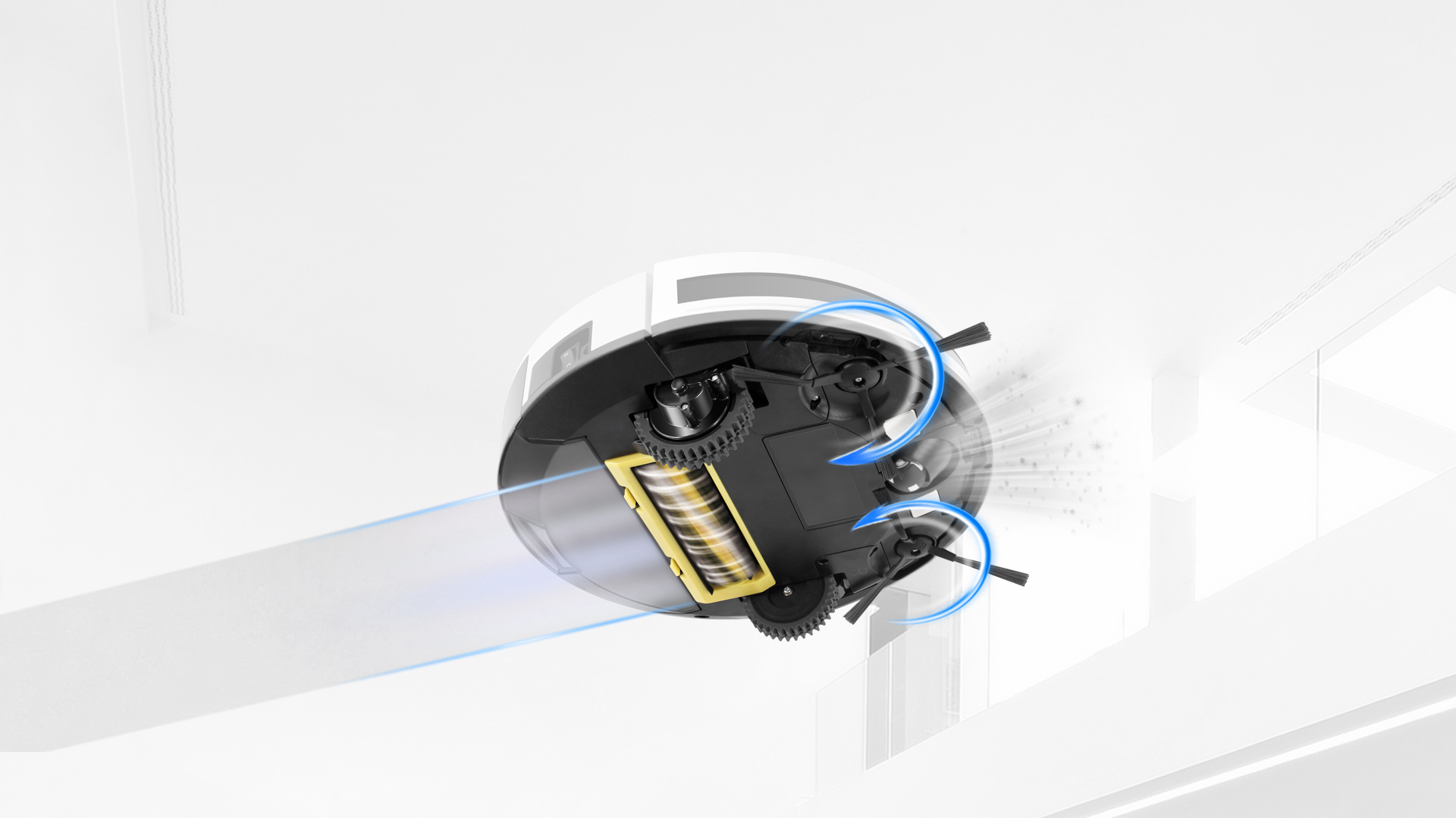 Roboter-Staubsauger, Unteransicht, mit rotierenden Bürsten und Rädern. Weißer Hintergrund mit abstrakten blauen Bewegungslinien.