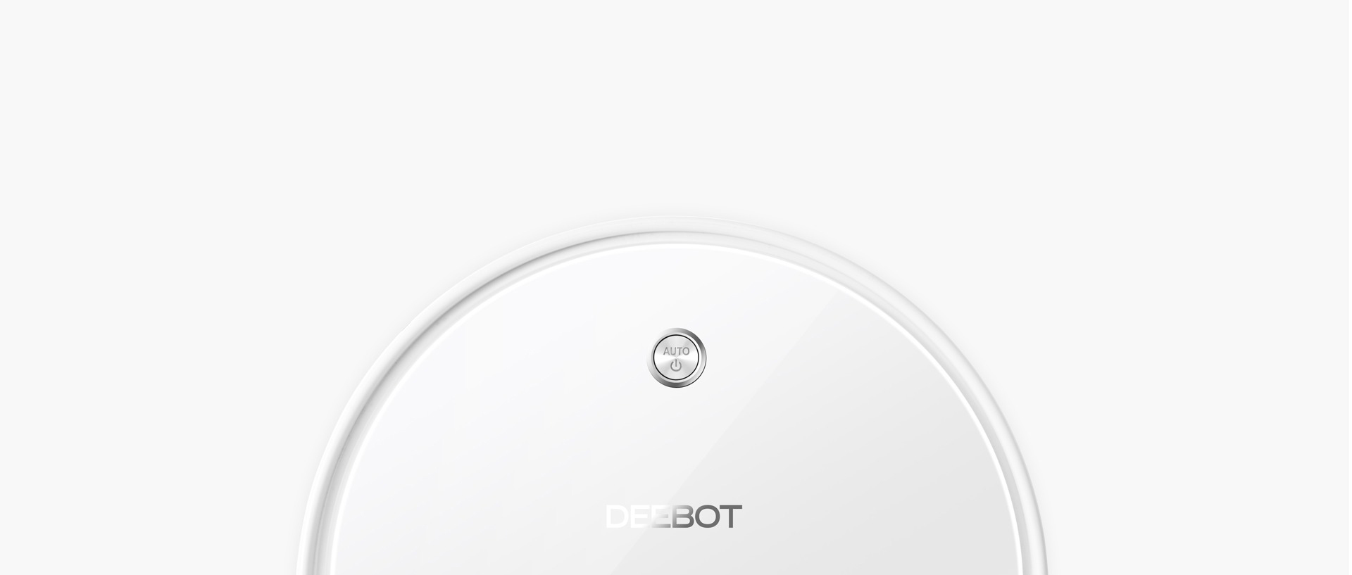 Weißer DEEBOT-Roboterstaubsauger mit Ein-/Aus-Taste und Text 'AUTO'. Der Hintergrund ist weiß.