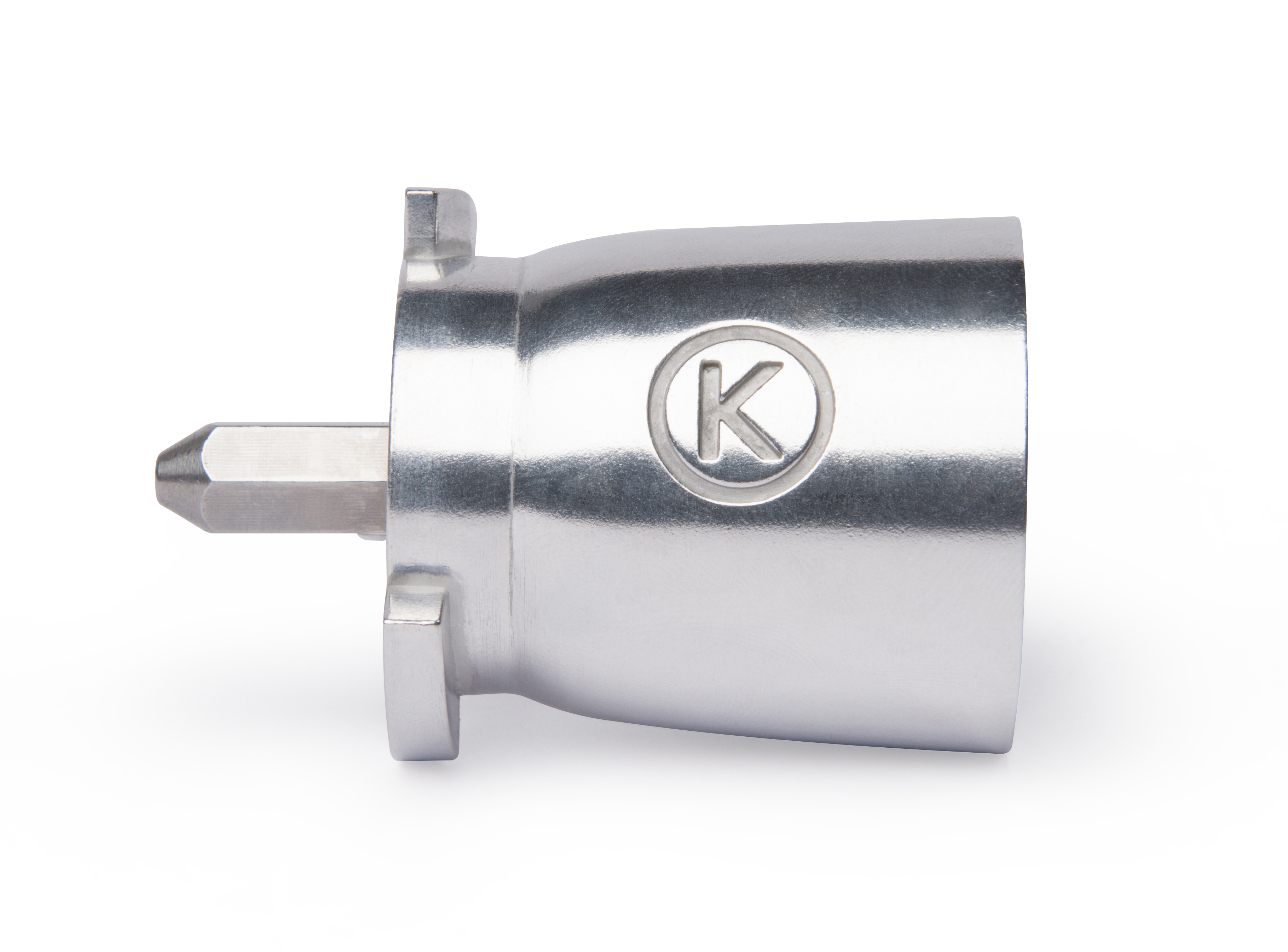 Ein silbernes Metallwerkzeug mit sechseckiger Spitze, rundem Körper und K-förmigem Logo.