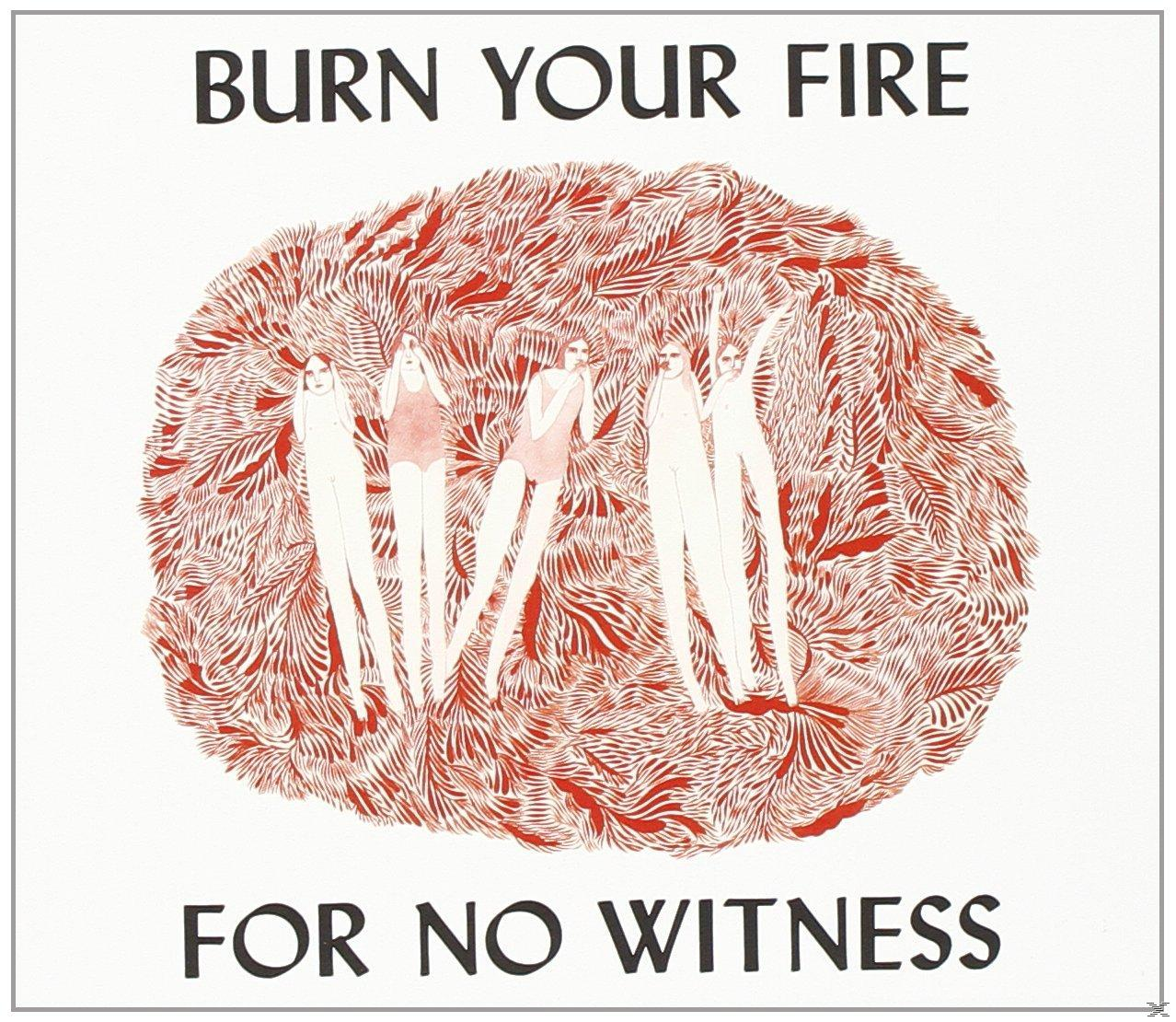 Kunstwerk mit Text 'BURN YOUR FIRE FOR NO WITNESS' und Figuren im roten Design.