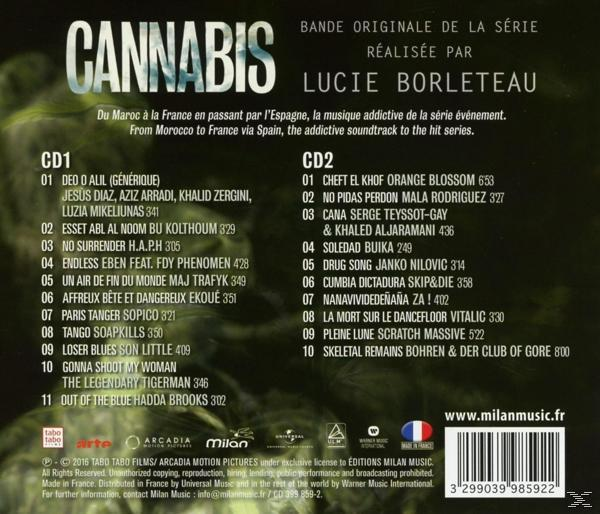 Dos du CD Cannabis avec une liste des titres. Texte en français. Tons verts et dorés.