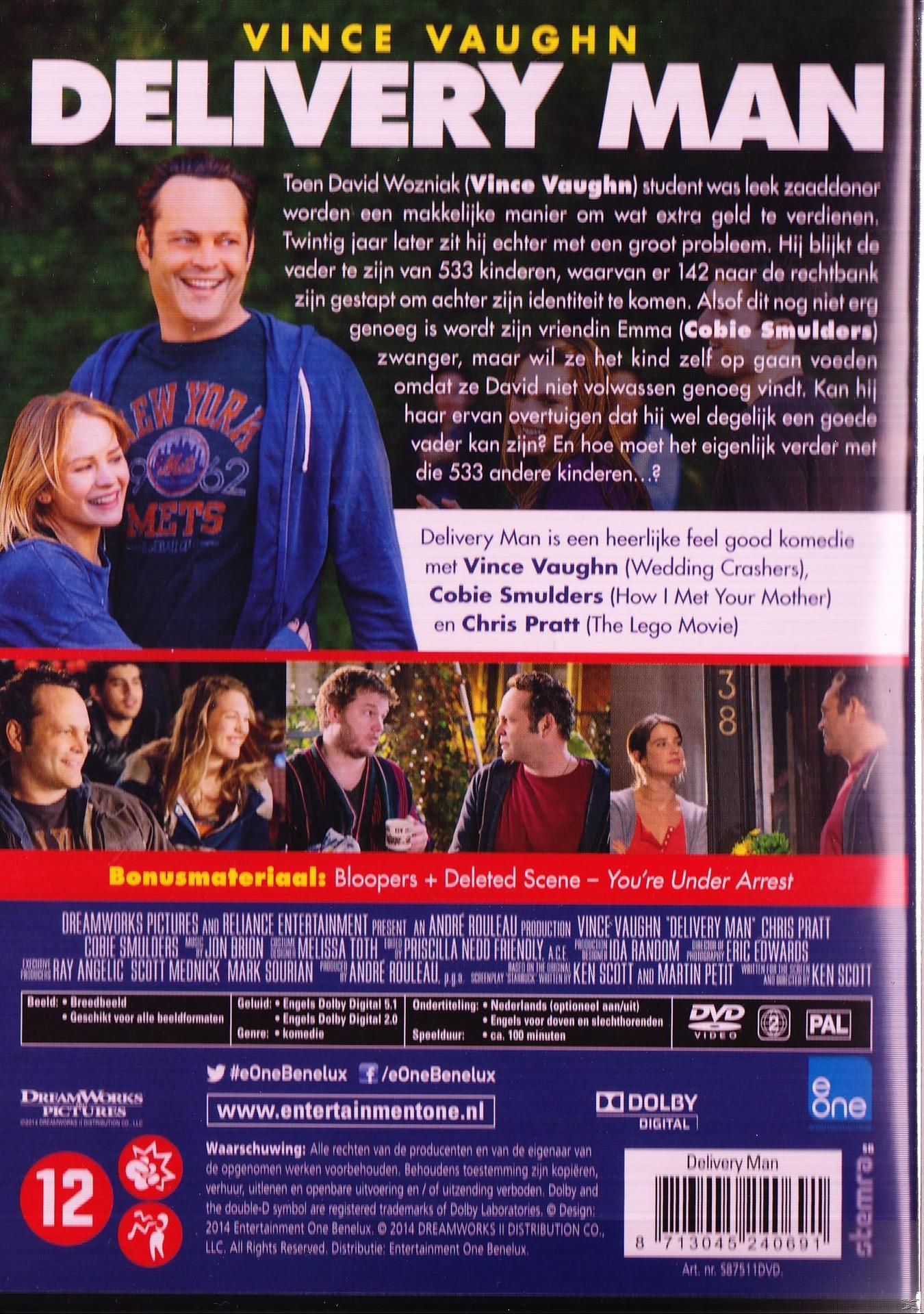 Couverture DVD de 'Delivery Man' avec Vince Vaughn. 4e de couverture avec texte et image de la distribution.