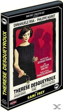 DVD-hoes: Thérèse Desqueyroux. Vrouw in zwarte jurk houdt een fles vast. Schaduwen van figuren in rood. Tekst in het Frans.