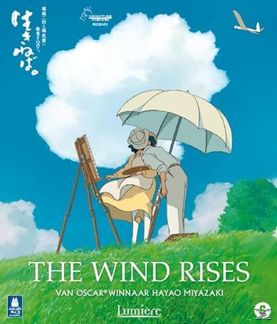 Couverture de film d'animation : Deux personnes peignent, un avion dans le ciel, titre 'The Wind Rises'.