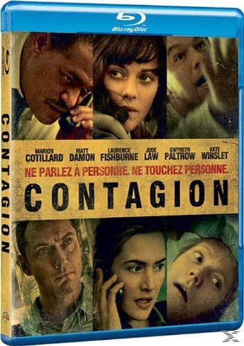 Contagion filmcover. Gezichten van acteurs. Blu-ray disc. Tekst: 'NE PARLEZ A PERSONNE'.