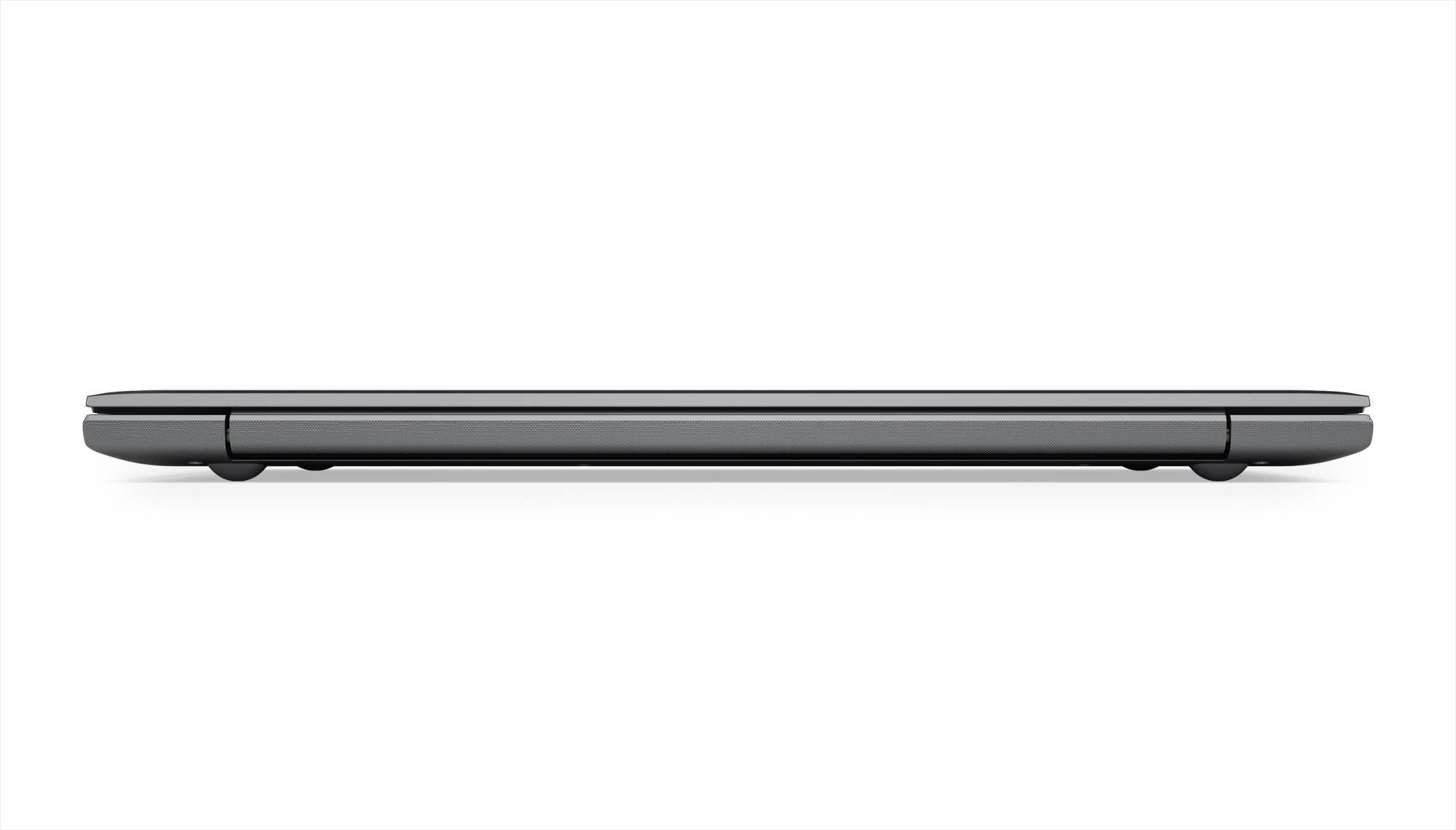 Seitenansicht eines geschlossenen Laptops. Graue Farbe. Weißer Hintergrund. Dünnes Profil und abgerundete Kanten.