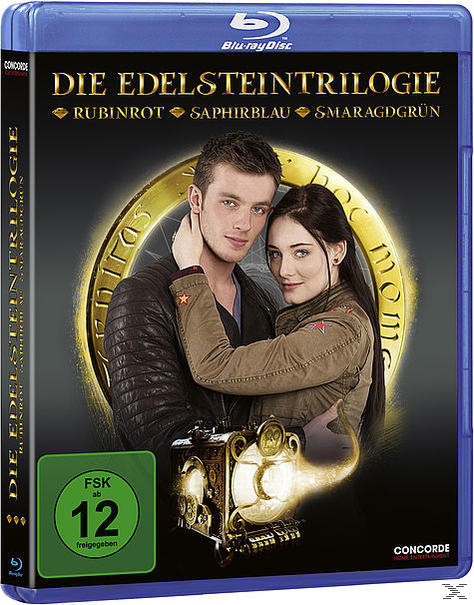 Die Edelsteintrilogie Blu-ray-Cover, zeigt ein Paar und eine Uhr.