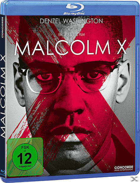 Malcolm X Blu-ray-Cover, Denzel Washingtons Gesicht, mit einem großen roten X darüber.