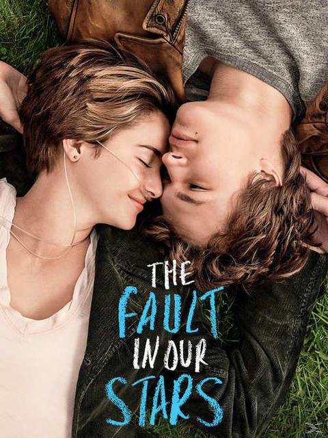 Filmposter voor The Fault in Our Stars. Twee mensen liggen, tegenover elkaar, op gras.