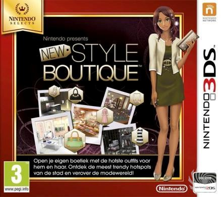 Een Nintendo 3DS-gamebox met een cartoonvrouw en verschillende modebeelden.