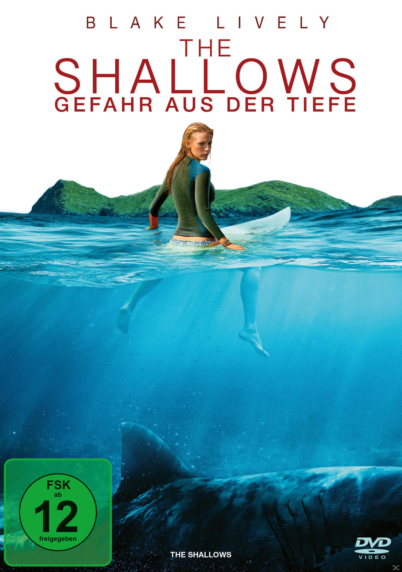 The Shallows-Filmcover mit Blake Lively auf einem Surfbrett in hai-verseuchtem Wasser.