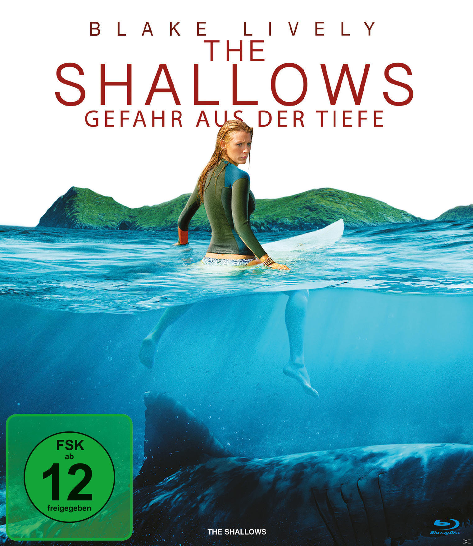 Das Shallows Film-DVD-Cover. Zeigt Blake Lively auf einem Surfbrett im Meer.
