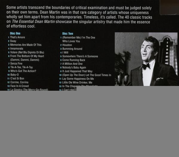 CD-hoes met Dean Martin. Bevat een foto van hem, songtitels en een zwarte achtergrond.